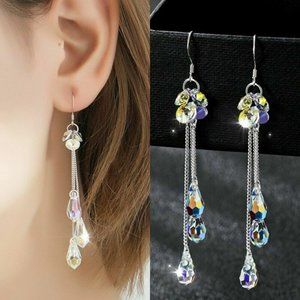 Women's Long Dangle Crystal Rhinestone Silvertone Teardrop Earrings